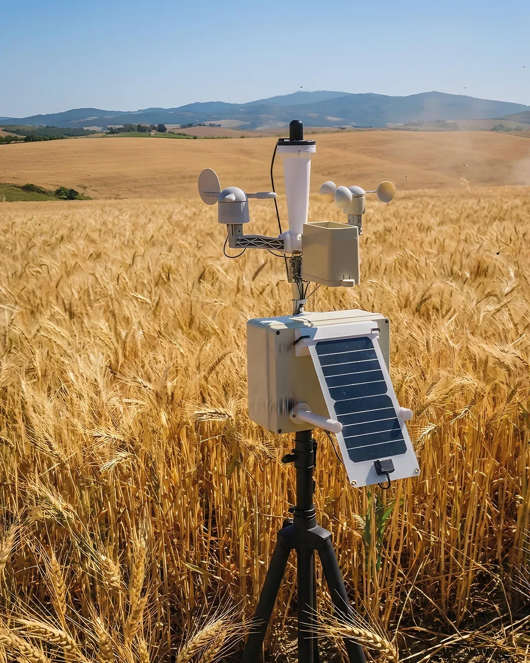 Stazioni meteo e sensori installati tra i filari di un vigneto